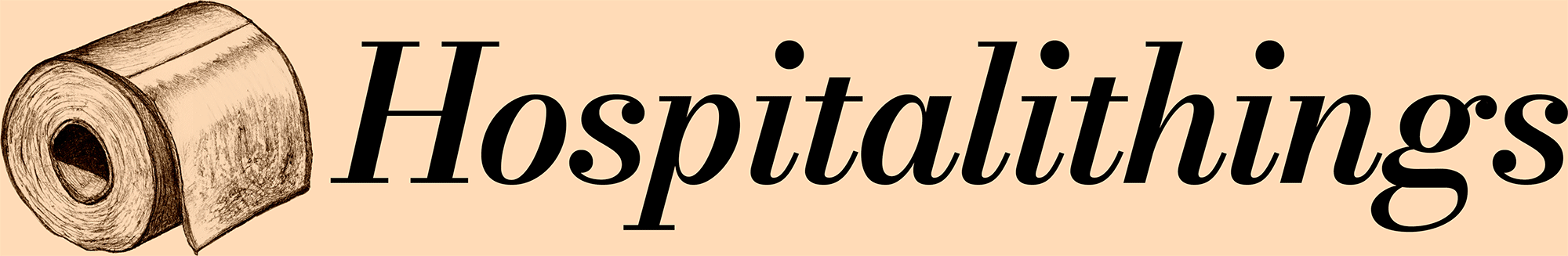 A toilet roll logo with the word 'Hospitalithings' set in a fancy font